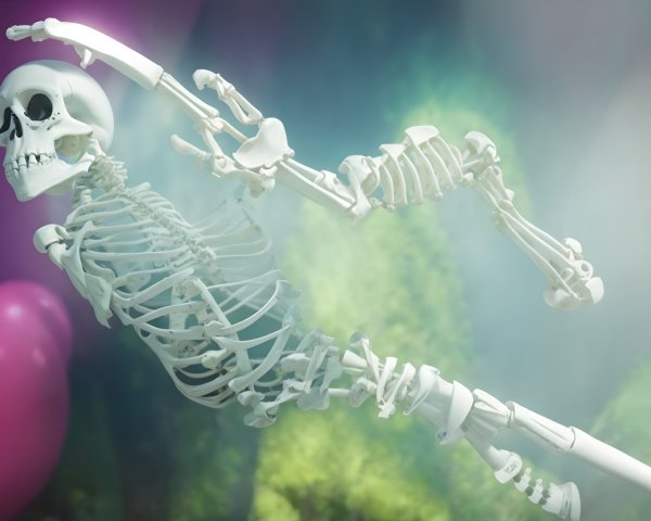 Lifelike skeleton in a misty, colorful atmosphere