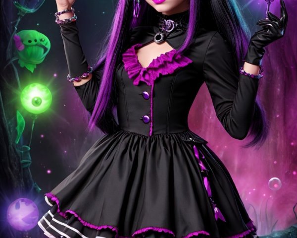 Gothic-Inspired Doll in Mystical Setting with Orbs