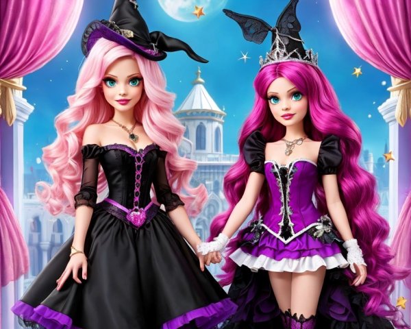 Stylish Dolls in Enchanting Costumes with Castle Backdrop