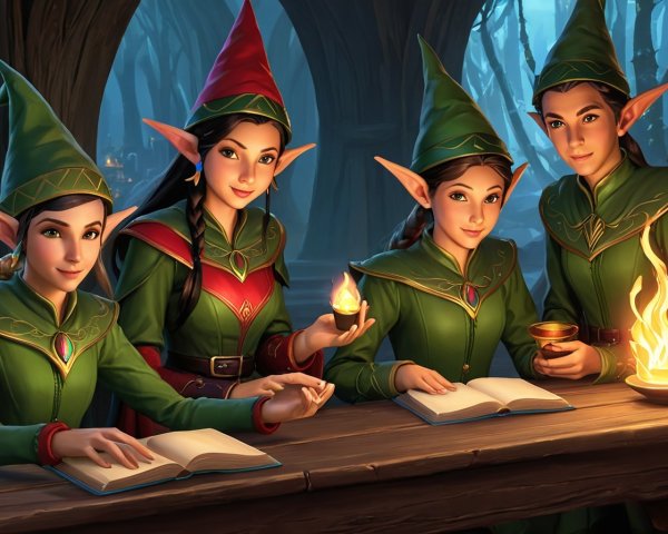 Elves in Green Attire Exploring Magic in a Forest