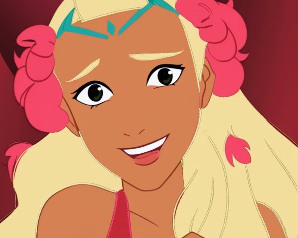 Cheerful animated girl with blonde hair and flowers