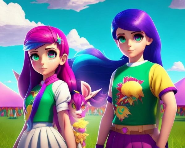 Fantasy Landscape with Colorful Hair and Outfits
