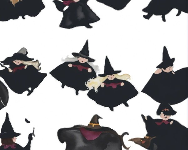 Whimsical Pattern of Dancing Witches and Cats