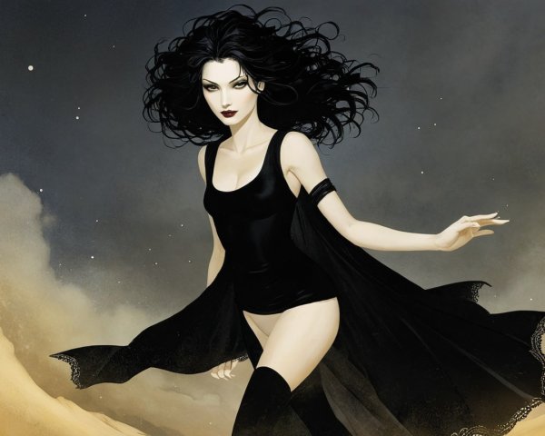 Mysterious Figure in Black Bodysuit and Sheer Cape