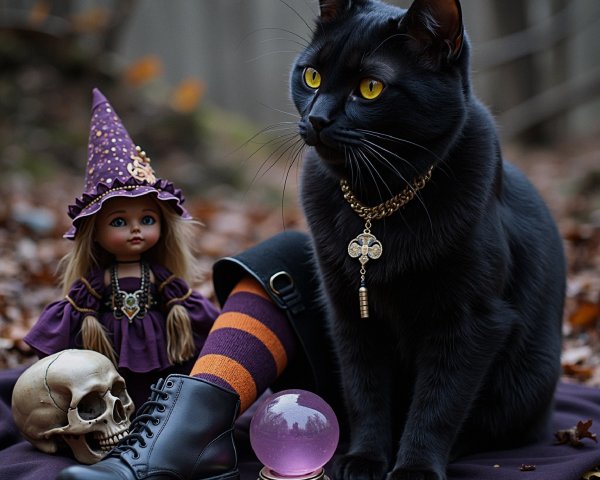 Black Cat and Vintage Doll in Mystical Forest Scene
