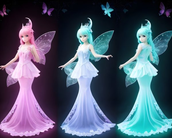 Three Fairies with Pastel Hair and Translucent Wings