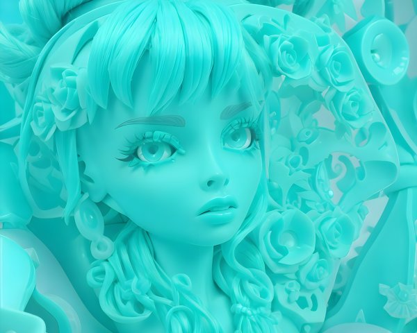 Sculpture with Expressive Eyes and Floral Background