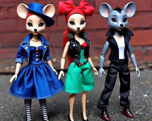 Stylized mouse-inspired dolls in playful outfits