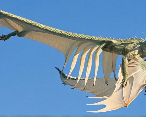 Majestic dragon soaring in clear blue sky with details