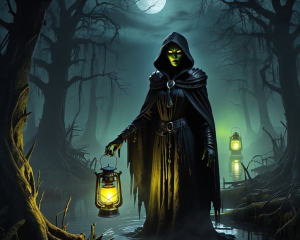 Cloaked Figure in Eerie Forest by Misty Swamp