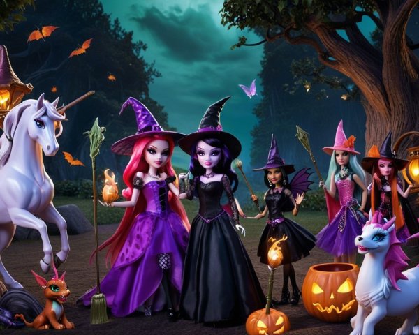 Whimsical Halloween Scene with Witch Dolls in Forest