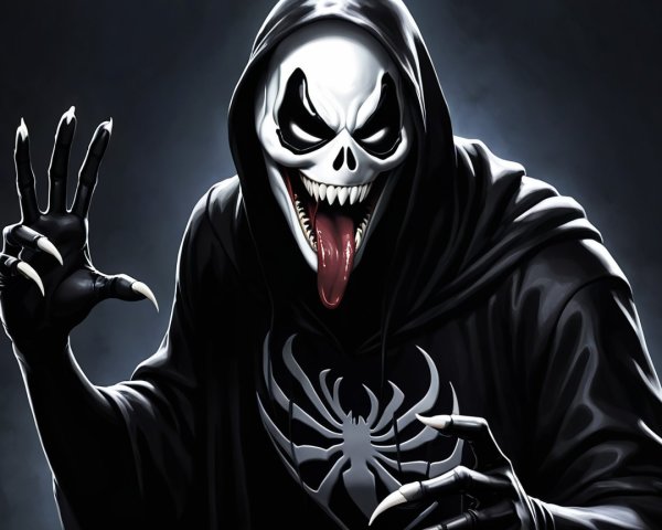 Sinister figure in dark cloak with skull face and claws