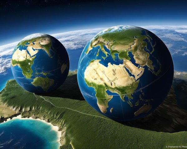 Detailed Earth Globes Above a Lush Green Landscape