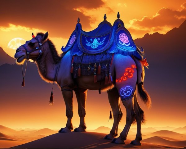 Camel on Sand Dune at Vibrant Sunset in Desert