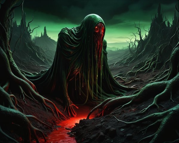 Cloaked Figure in Dark Landscape with Crimson Stream
