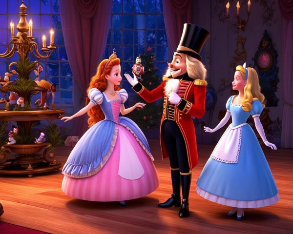 Festive Room with Nutcracker and Colorful Dresses
