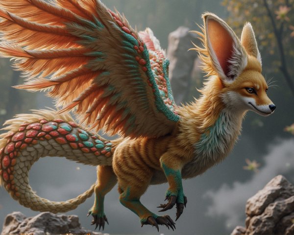 Fox-like creature with feathered wings in a forest