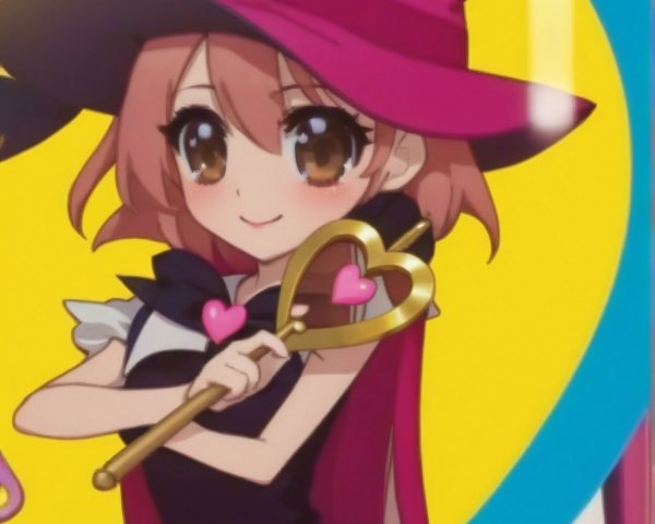 Cheerful anime character in witch hat and heart staff