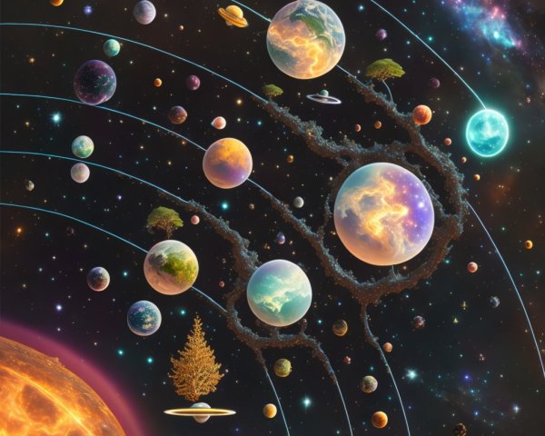 Vibrant Cosmic Scene with Colorful Planets and Galaxies
