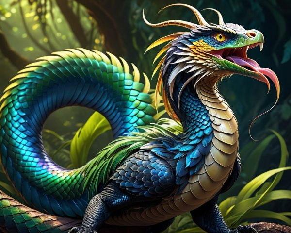 Vibrant mythical dragon in lush green foliage