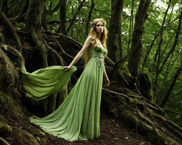 Young woman in green gown in lush forest setting