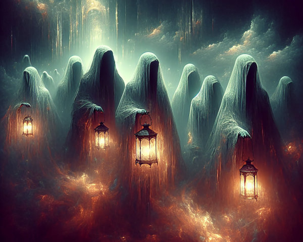 Ghostly Figures in an Ethereal Landscape with Lanterns