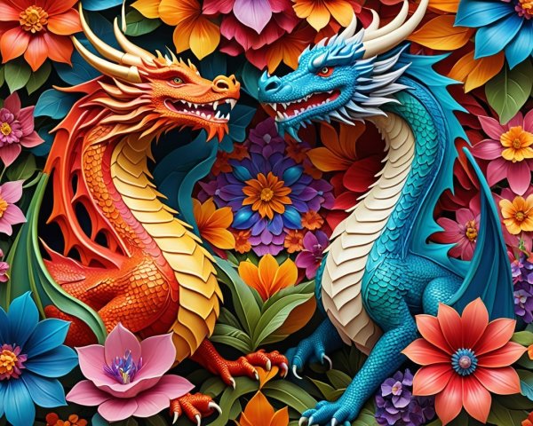 Dragons in Vivid Colors Surrounded by Colorful Flowers