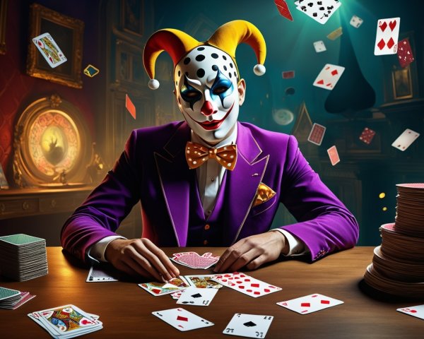 Mysterious Clown in Purple Suit Surrounded by Cards