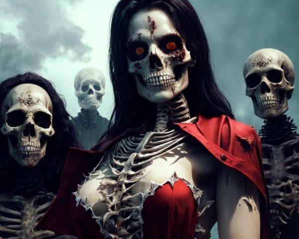 Female Skeleton in Tattered Cloak with Eerie Surroundings