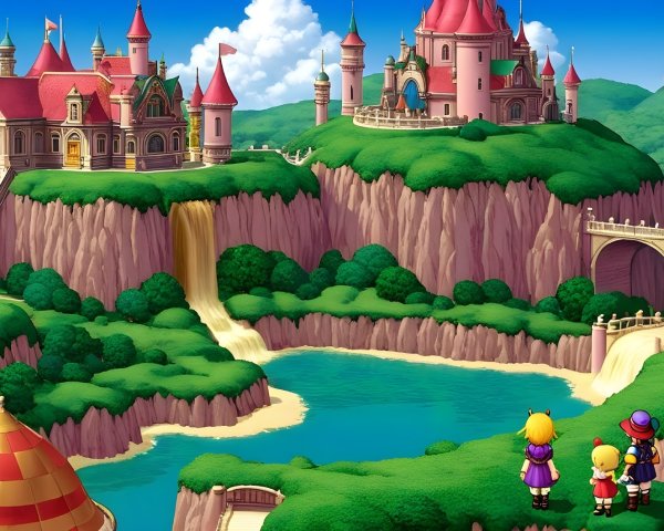 Whimsical Landscape with Castles and Waterfall Scene