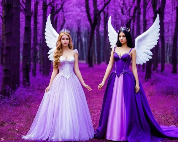 Elegant Figures in a Mystical Purple Forest Scene
