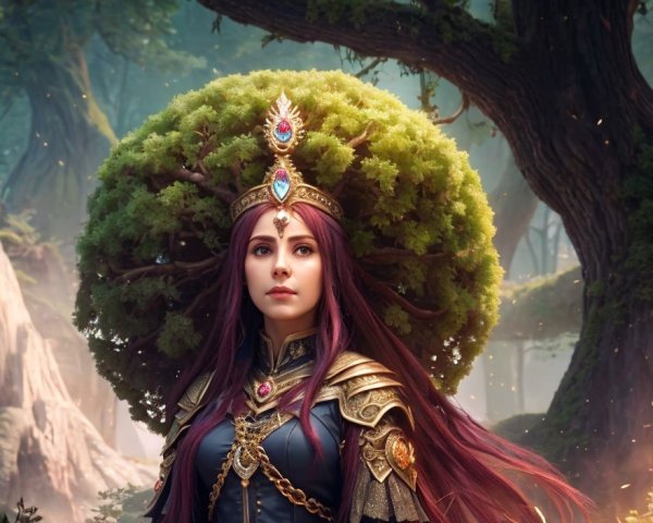 Majestic character in lush forest with ornate armor
