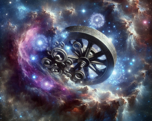 Futuristic Cosmic Wheel Among Vibrant Galaxies