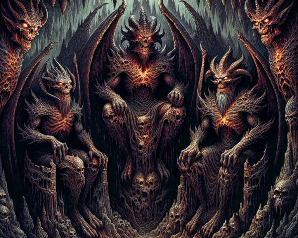 Three Malevolent Figures on Thrones in Dark Cavern