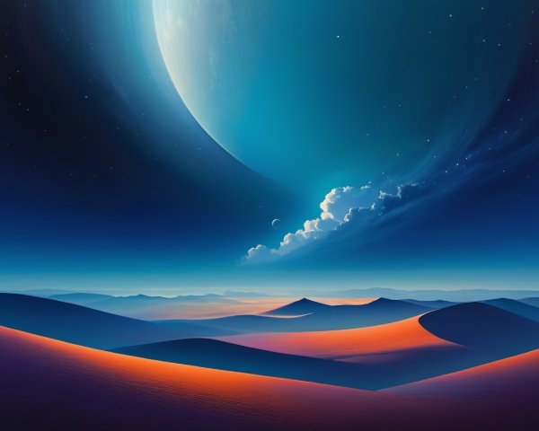 Vibrant Alien Landscape with Blue Planet and Mountains