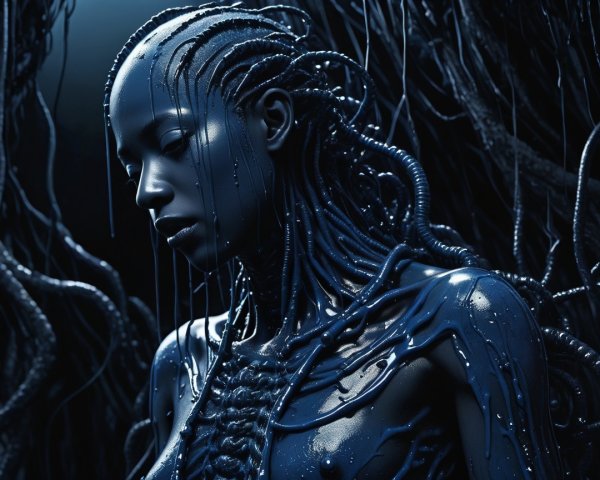 Futuristic figure with mechanical and human features