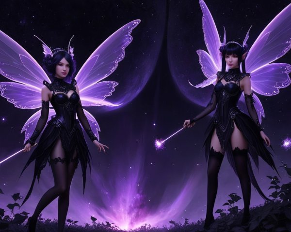 Fairies with Purple Wings in a Mystical Night Scene