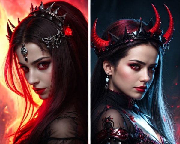 Dual Portrait of a Woman with Dark Hair and Red Eyes