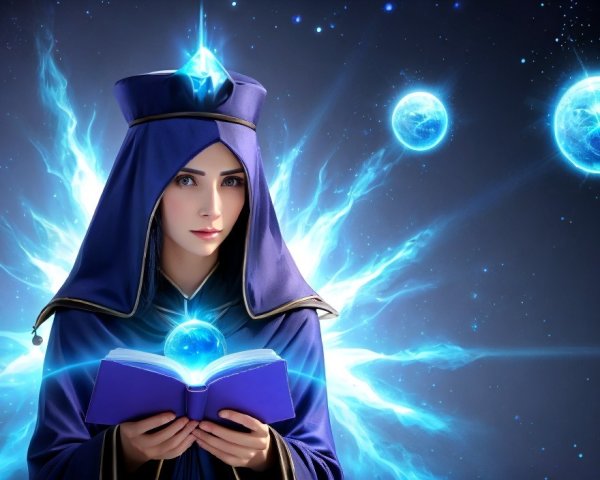 Mystical Figure in Blue Robe with Glowing Orb and Book
