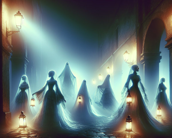 Ethereal Figures with Lanterns in Misty Street Scene