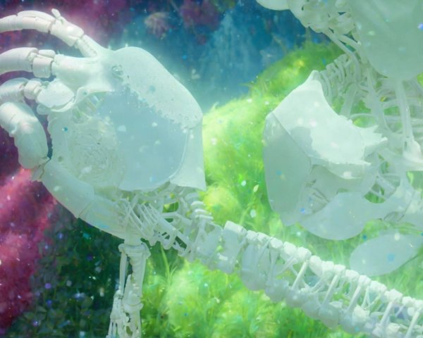 Translucent Skeleton Figure in Vibrant Ethereal Setting