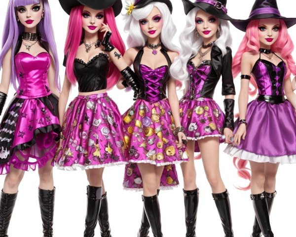 Five Colorful Witch-Themed Dolls in Stylish Outfits