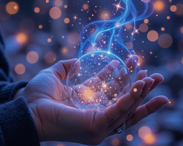 Translucent Orb with Blue Energy and Stars in Hand