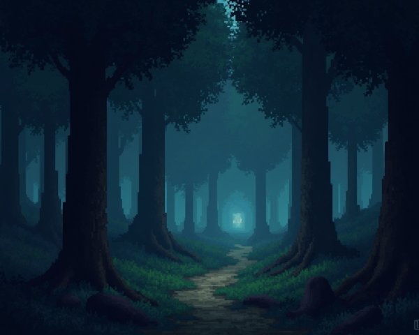 Pixel-Art Twilight Forest Scene with Winding Path