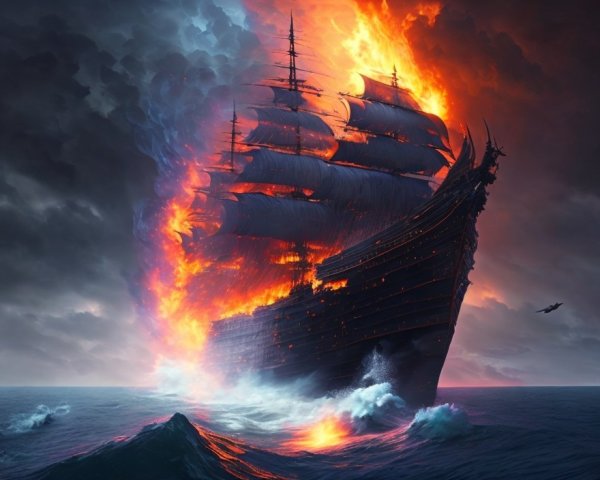 Grand ship in flames amidst turbulent waters and dark clouds