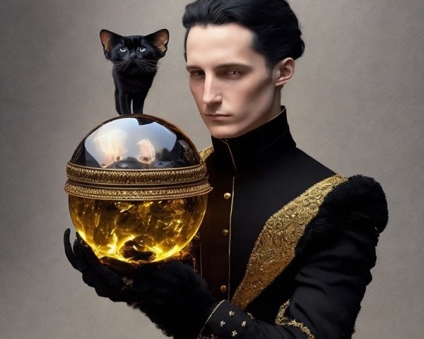 Ornate Black Attire with Golden Orb and Cat Presence