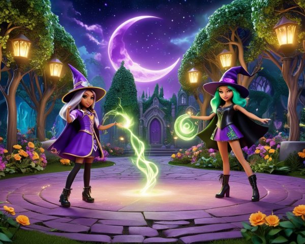 Witches in a Mystical Garden at Twilight
