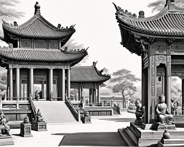Intricate Black-and-White Illustration of Asian Architecture