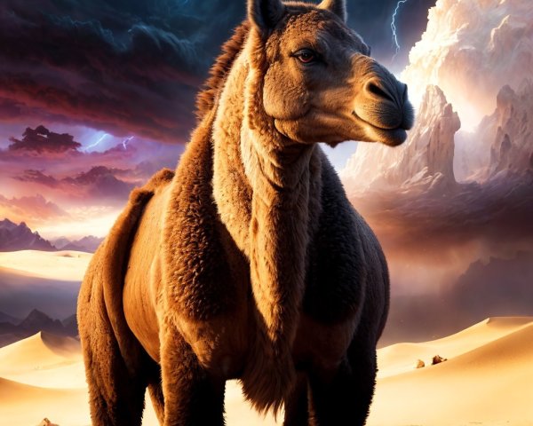 Camel in Desert Landscape at Sunset with Dramatic Clouds