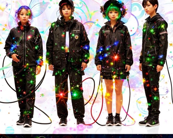 Four individuals in black outfits with colorful hair
